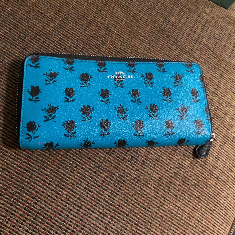 Coach Turquoise Floral Zip Wallet with Black Rose Print